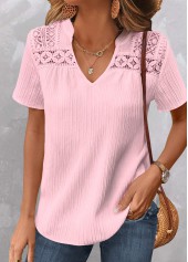 Patchwork Light Pink Short Sleeve V Neck Blouse