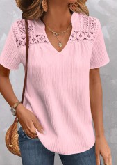 Patchwork Light Pink Short Sleeve V Neck Blouse