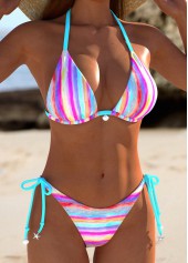 Multi Stripe Print Tie Hot Pink Bikini Set