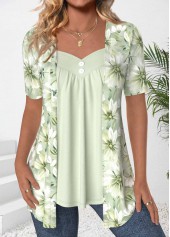 Floral Print Button Light Green Fake Two Piece Twinset