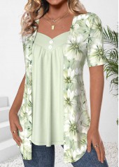 Floral Print Button Light Green Fake Two Piece Twinset