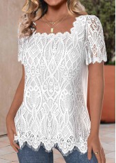 Lace White Short Sleeve Square Neck T Shirt