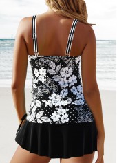 Floral Print Circular Ring Black Tankini Set