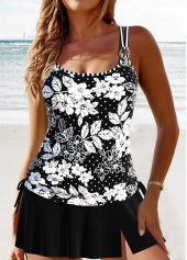 Floral Print Circular Ring Black Tankini Set
