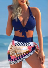 Tropical Plants Print Bowknot Navy Bikini Set
