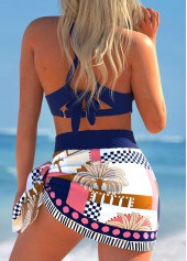 Tropical Plants Print Bowknot Navy Bikini Set