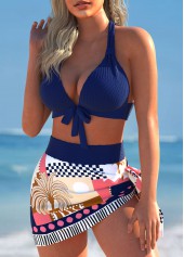 Tropical Plants Print Bowknot Navy Bikini Set