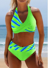 Floral Print Surplice Neon Green Bikini Set