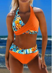 Floral Print Surplice Orange Bikini Set