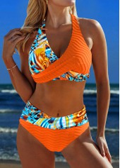 Floral Print Surplice Orange Bikini Set