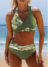 Floral Print Surplice Olive Green Bikini Set