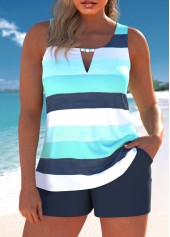 Plus Size Cyan Multi Stripe Print Tankini Set