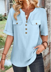 Button Light Blue Half Sleeve High Neck Blouse