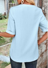 Button Light Blue Half Sleeve High Neck Blouse