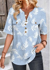 Leaf Print Patchwork Blue Short Sleeve Split Neck Blouse