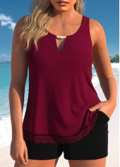 Cutout Lace Wine Red Tankini Set