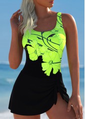 Floral Print Tie Neon Green One Piece Swimdress