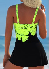 Floral Print Tie Neon Green One Piece Swimdress