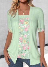 Floral Print Light Green Fake Two Piece Twinset