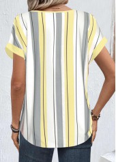 Striped Zipper Light Yellow Short Sleeve Round Neck Blouse