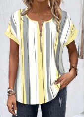 Striped Zipper Light Yellow Short Sleeve Round Neck Blouse