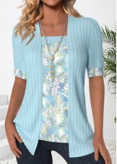 Leaf Print Patchwork Light Blue Fake Two Piece Twinset