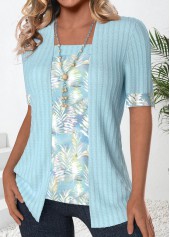 Leaf Print Patchwork Light Blue Fake Two Piece Twinset