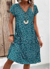 Floral Print Patchwork Turquoise A Line Short Sleeve Dress