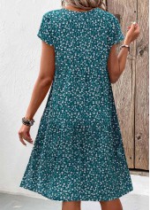 Floral Print Patchwork Turquoise A Line Short Sleeve Dress