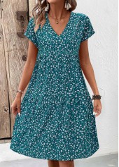 Floral Print Patchwork Turquoise A Line Short Sleeve Dress