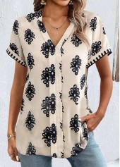 Tribal Print Patchwork Light Camel Short Sleeve Blouse