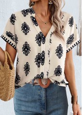 Tribal Print Patchwork Light Camel Short Sleeve Blouse