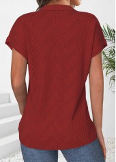 Zipper Wine Red Short Sleeve Polo Collar Shirt