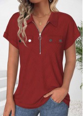 Zipper Wine Red Short Sleeve Polo Collar Shirt