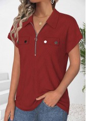 Zipper Wine Red Short Sleeve Polo Collar Shirt