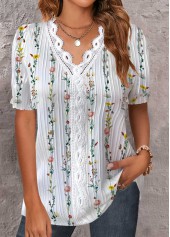 Floral Print Embroidery White Short Sleeve V Neck Blouse