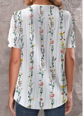 Floral Print Embroidery White Short Sleeve V Neck Blouse