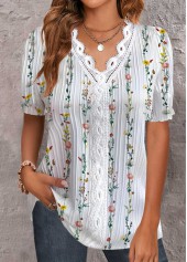 Floral Print Embroidery White Short Sleeve V Neck Blouse