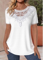 Patchwork White Short Sleeve Round Neck T Shirt