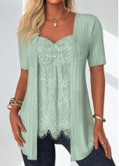 Lace Sage Green Short Sleeve Fake Two Piece Twinset