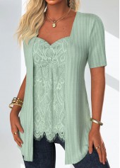 Lace Sage Green Short Sleeve Fake Two Piece Twinset