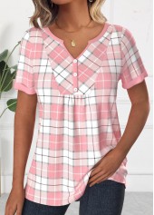 Plaid Patchwork Light Pink Short Sleeve T Shirt
