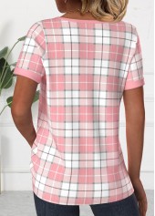 Plaid Patchwork Light Pink Short Sleeve T Shirt