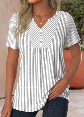 Plus Size Light Grey Button Striped T Shirt