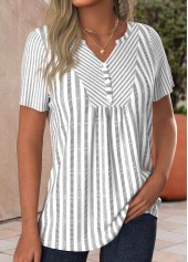 Plus Size Light Grey Button Striped T Shirt