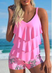 Plants Print Handkerchief Hem Pink Tankini Set