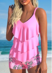 Plants Print Handkerchief Hem Pink Tankini Set
