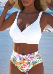 Floral Print Criss Cross White Bikini Set