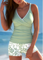 Random Floral Print Surplice Sage Green Tankini Set