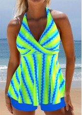Wave Pattern Print Surplice Neon Green Tankini Set